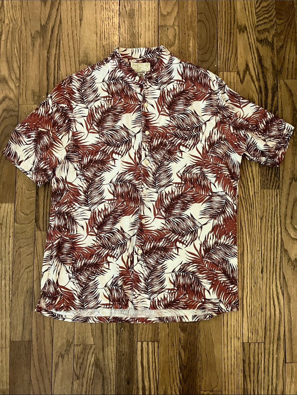 Tasso Elba Short-Sleeve Button-Down with Rust Leaf Print silk linen blend